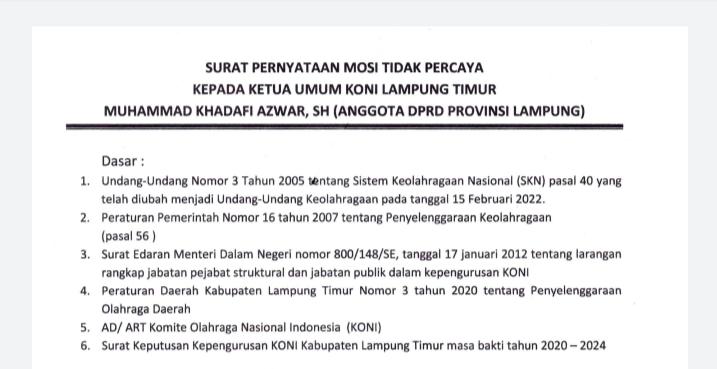 Mosi Tidak Percaya Kepada Ketua KONI Lamtim Khadafi Azwar Menggema